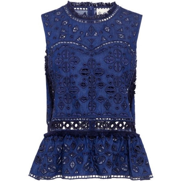 Sea New York Eyelet Fringe Sleeveless Denim Peplum Top Size 2 EUC - Picture 2 of 7